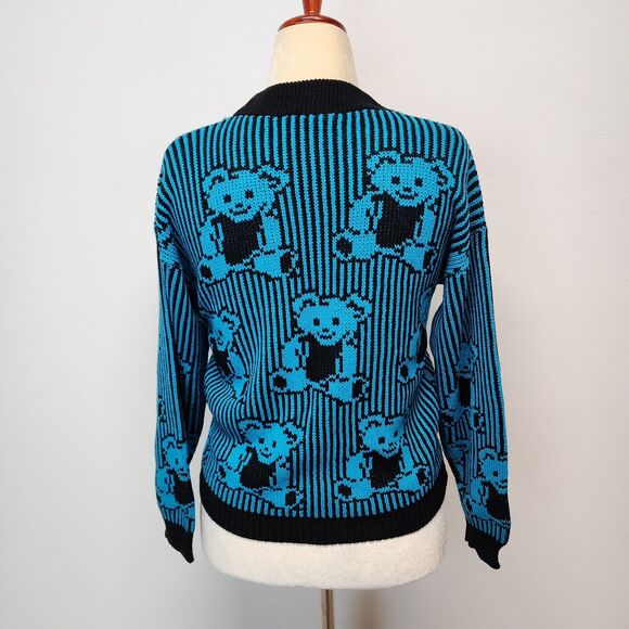 Vintage 80s Adele Knitwear Teddy Bear Sweater Size M Blue Allover Print Retro - Picture 3 of 10